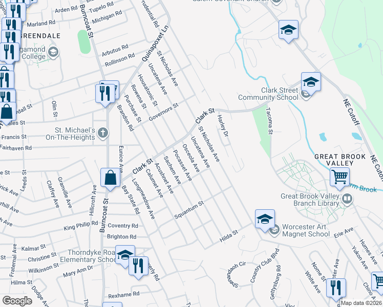 map of restaurants, bars, coffee shops, grocery stores, and more near 12 Osceola Avenue in Worcester