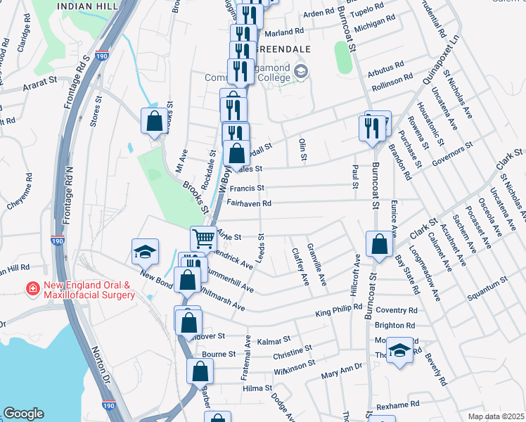 map of restaurants, bars, coffee shops, grocery stores, and more near 40 Fairhaven Road in Worcester