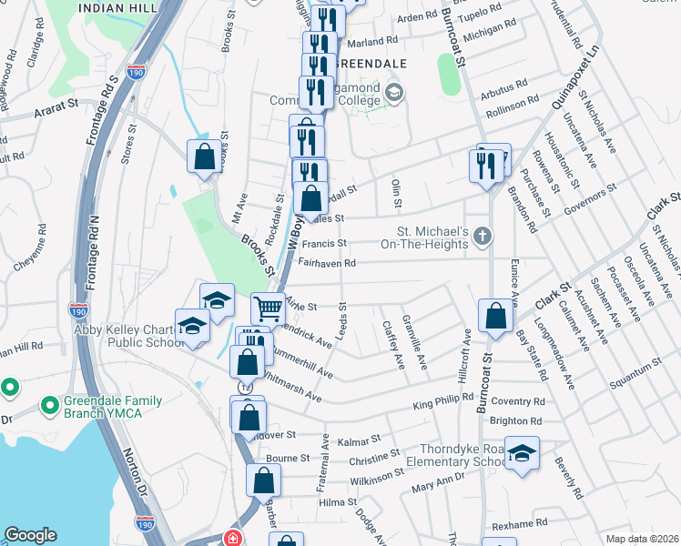 map of restaurants, bars, coffee shops, grocery stores, and more near 110 Leeds Street in Worcester