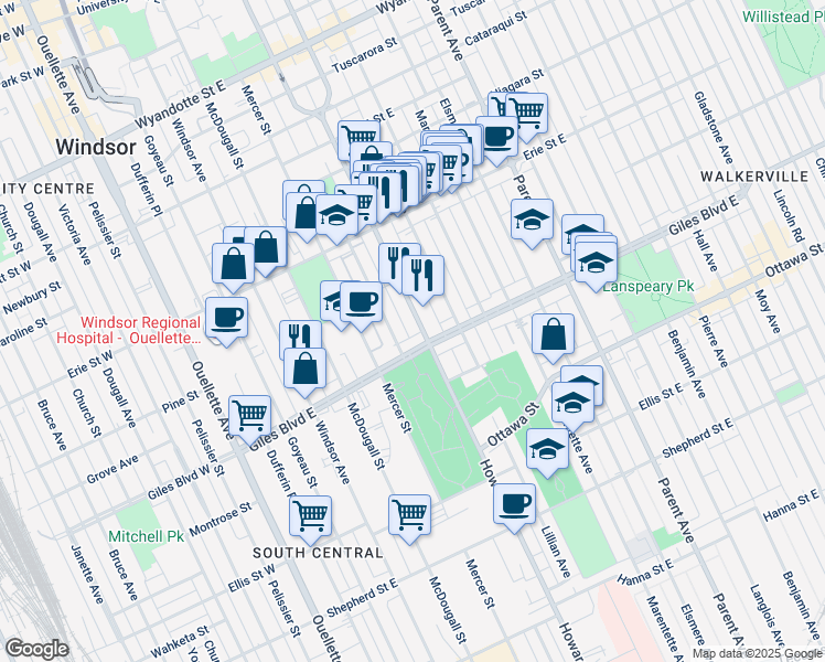 map of restaurants, bars, coffee shops, grocery stores, and more near 1158 Highland Avenue in Windsor