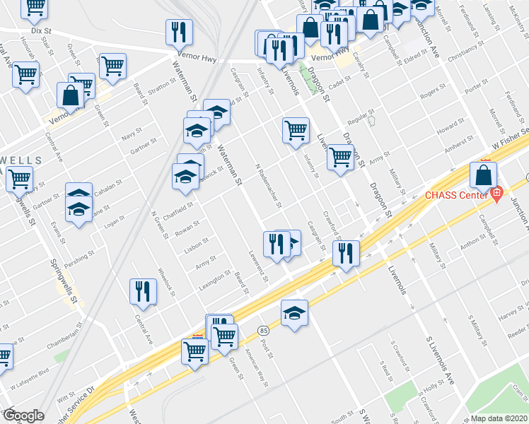 map of restaurants, bars, coffee shops, grocery stores, and more near 1221 North Rademacher Street in Detroit