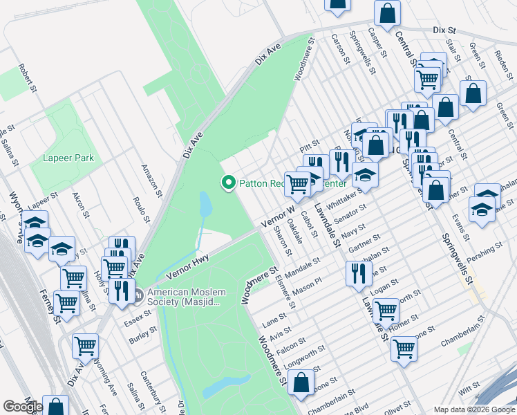 map of restaurants, bars, coffee shops, grocery stores, and more near 2371 Sharon Street in Detroit