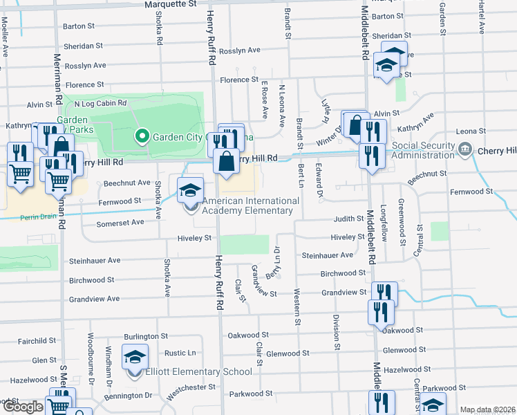 map of restaurants, bars, coffee shops, grocery stores, and more near 209 Cherry Hill Trail in Inkster