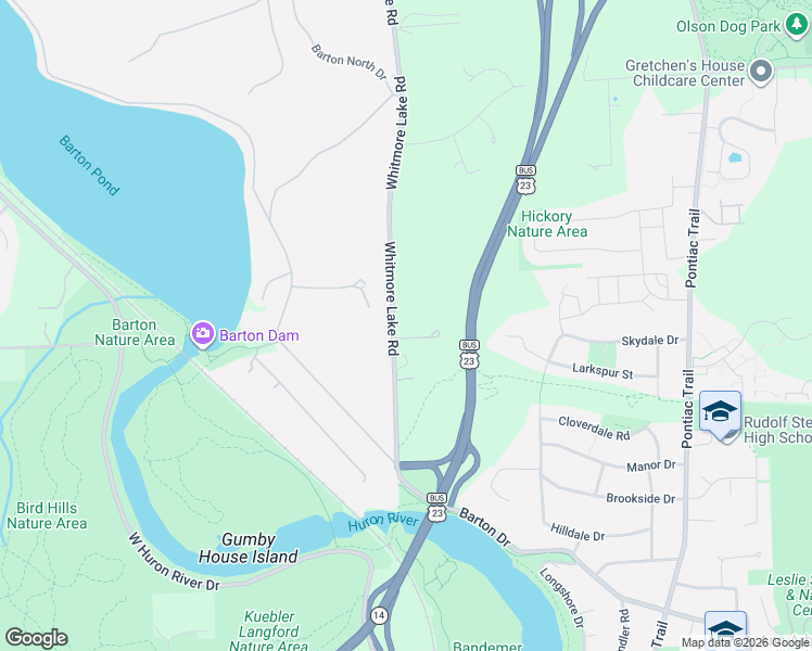 map of restaurants, bars, coffee shops, grocery stores, and more near 2524 Whitmore Lake Road in Ann Arbor