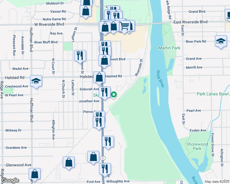 map of restaurants, bars, coffee shops, grocery stores, and more near 3319 Sun Valley Terrace in Rockford