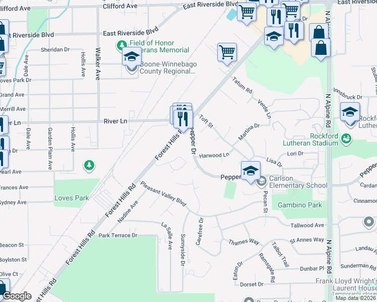 map of restaurants, bars, coffee shops, grocery stores, and more near 3619 Pepper Drive in Rockford
