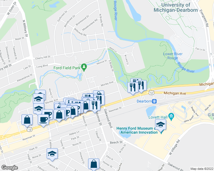 map of restaurants, bars, coffee shops, grocery stores, and more near 21701 Morley Avenue in Dearborn