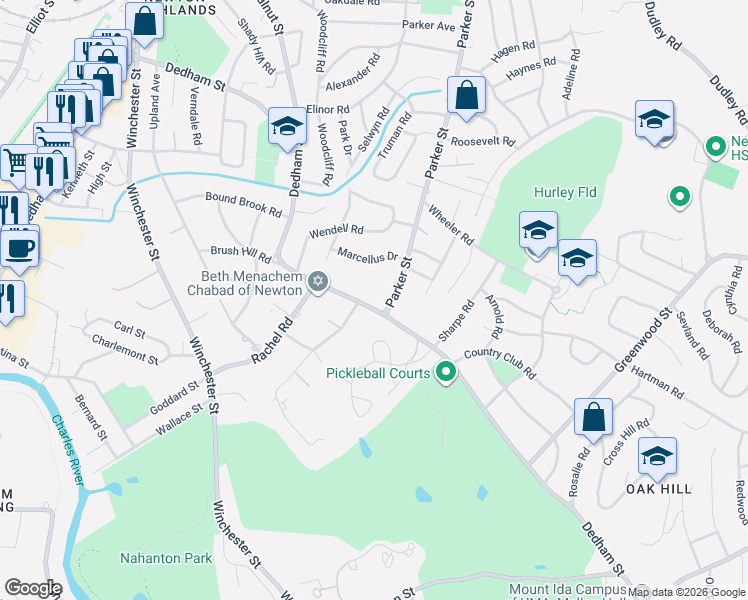 map of restaurants, bars, coffee shops, grocery stores, and more near 390 Dedham Street in Newton
