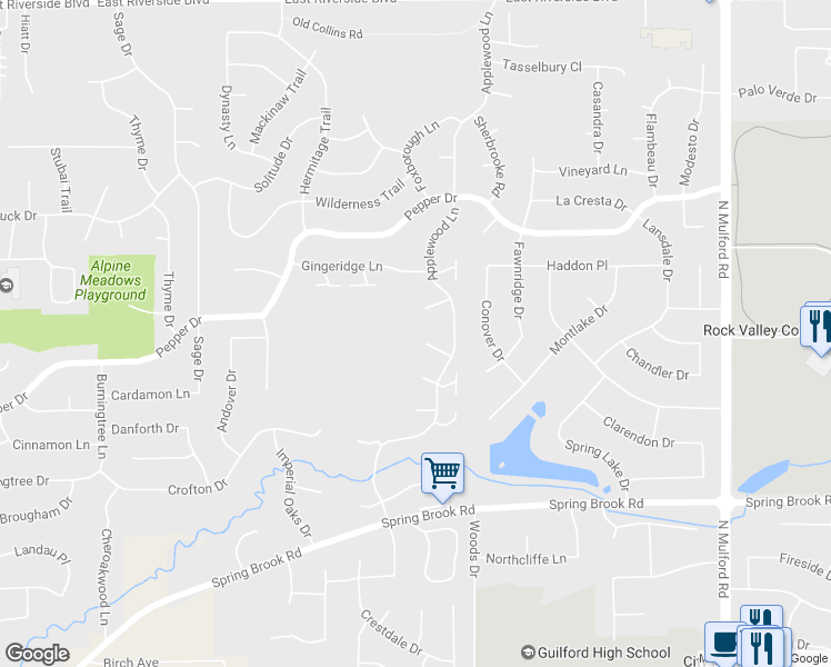 map of restaurants, bars, coffee shops, grocery stores, and more near 5402 Friendswood Court in Rockford