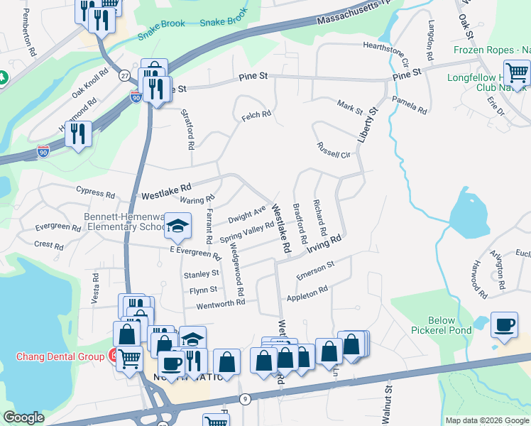 map of restaurants, bars, coffee shops, grocery stores, and more near 21 Dwight Avenue in Natick