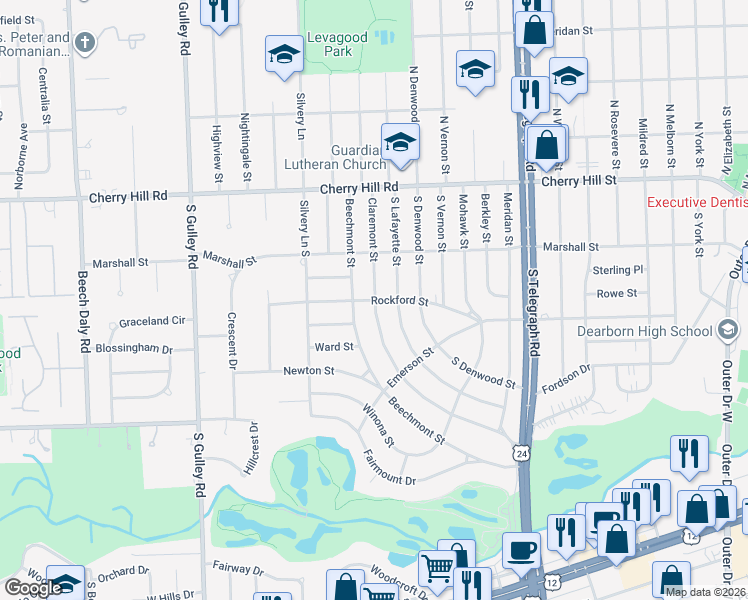 map of restaurants, bars, coffee shops, grocery stores, and more near 24700 Rockford Street in Dearborn