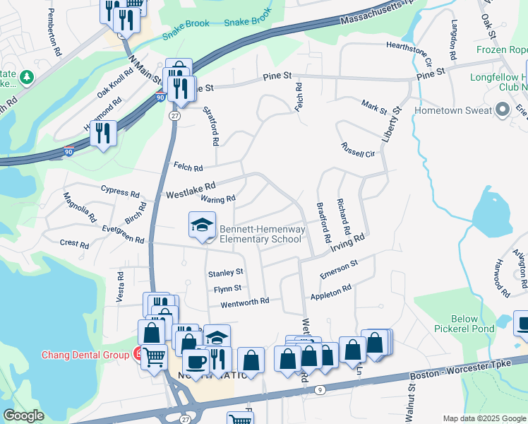 map of restaurants, bars, coffee shops, grocery stores, and more near 12 Dwight Avenue in Natick