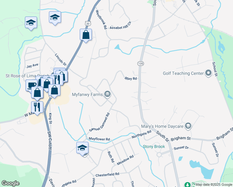 map of restaurants, bars, coffee shops, grocery stores, and more near 47 Fernbrook Road in Northborough