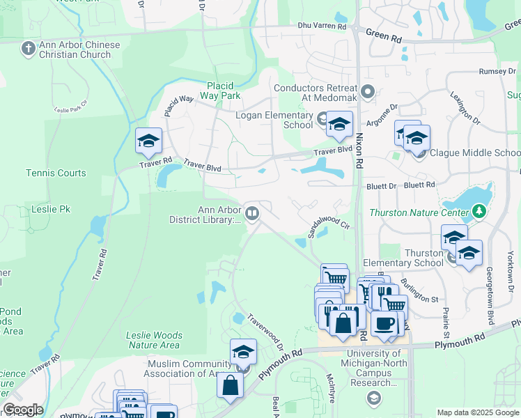 map of restaurants, bars, coffee shops, grocery stores, and more near 2371 Leslie Circle in Ann Arbor