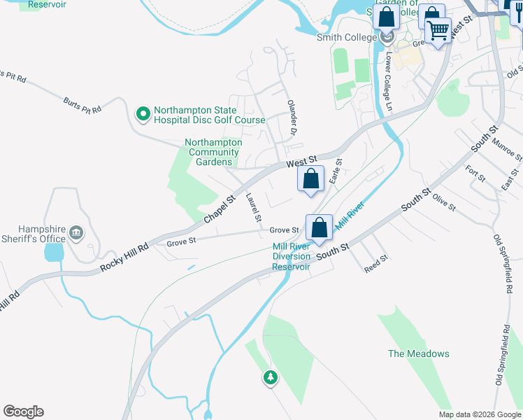 map of restaurants, bars, coffee shops, grocery stores, and more near 23 Laurel Street in Northampton