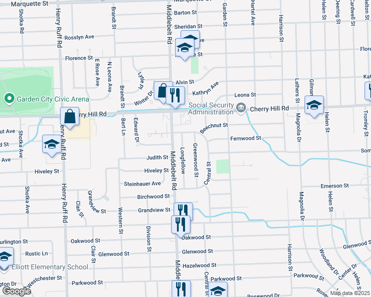 map of restaurants, bars, coffee shops, grocery stores, and more near 377 Longfellow in Inkster