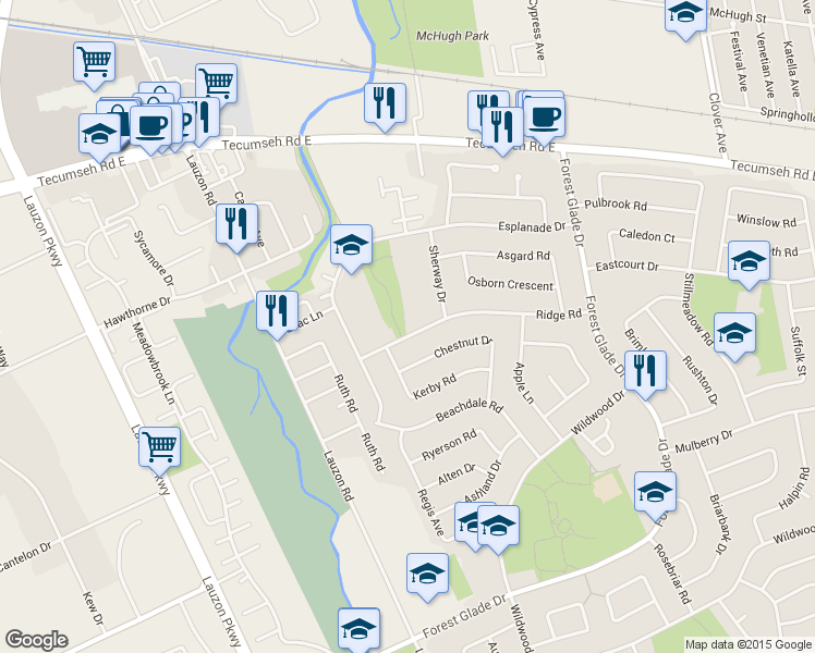 map of restaurants, bars, coffee shops, grocery stores, and more near 9470 Ridge Road in Windsor