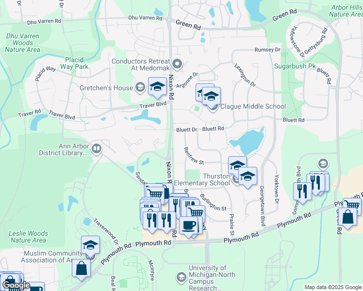 map of restaurants, bars, coffee shops, grocery stores, and more near 2837 Renfrew Street in Ann Arbor
