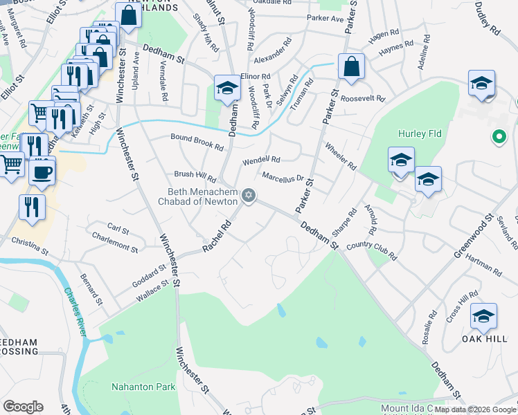 map of restaurants, bars, coffee shops, grocery stores, and more near 361 Dedham Street in Newton