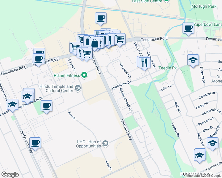 map of restaurants, bars, coffee shops, grocery stores, and more near 7415 Hawthorne Drive in Windsor