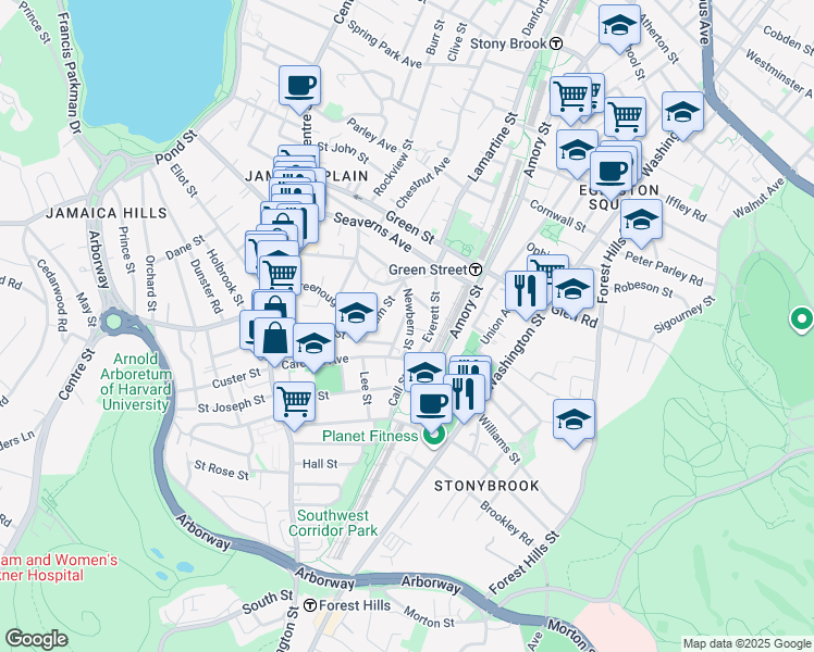 map of restaurants, bars, coffee shops, grocery stores, and more near 10 John A Andrew Street in Jamaica Plain