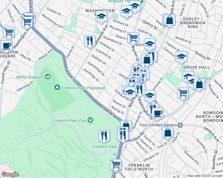 map of restaurants, bars, coffee shops, grocery stores, and more near 36 Schuyler Street in Boston