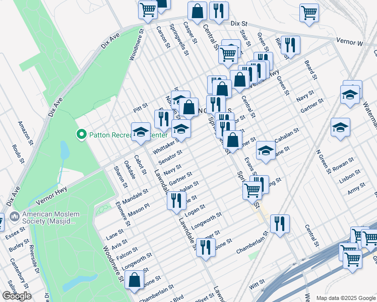 map of restaurants, bars, coffee shops, grocery stores, and more near 2036 Mullane Street in Detroit