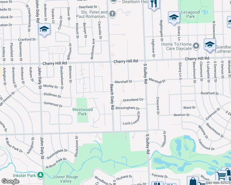 map of restaurants, bars, coffee shops, grocery stores, and more near 381 Beech Daly Road in Dearborn Heights