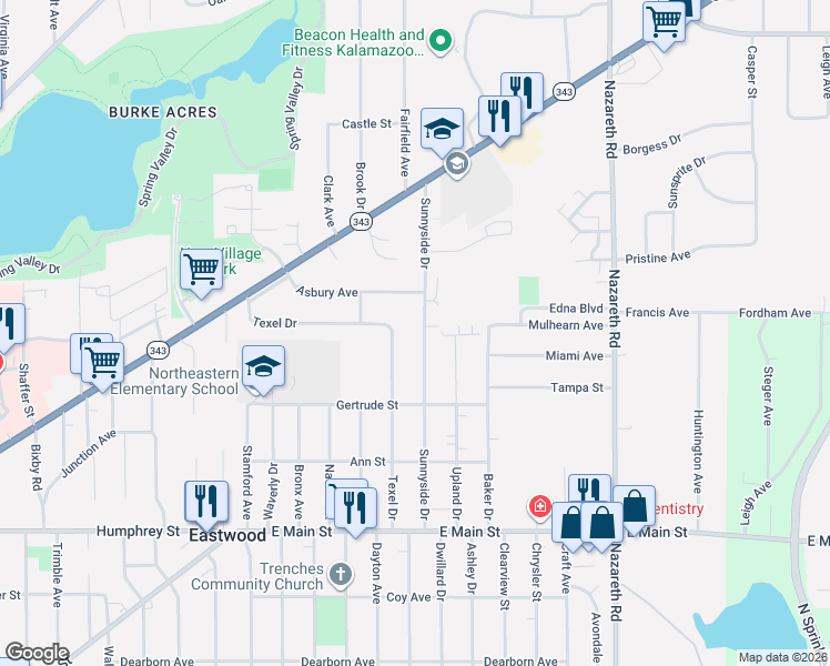 map of restaurants, bars, coffee shops, grocery stores, and more near 1809 Sunnyside Drive in Kalamazoo