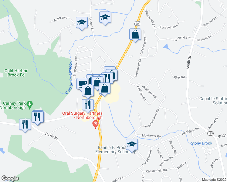 map of restaurants, bars, coffee shops, grocery stores, and more near 245 West Main Street in Northborough