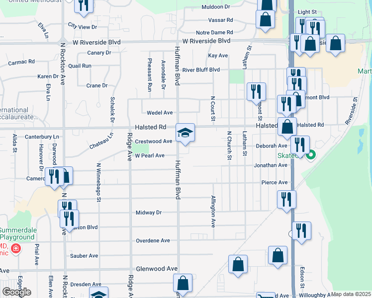 map of restaurants, bars, coffee shops, grocery stores, and more near 1720 Halsted Road in Rockford