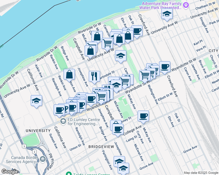 map of restaurants, bars, coffee shops, grocery stores, and more near 486 McEwan Avenue in Windsor