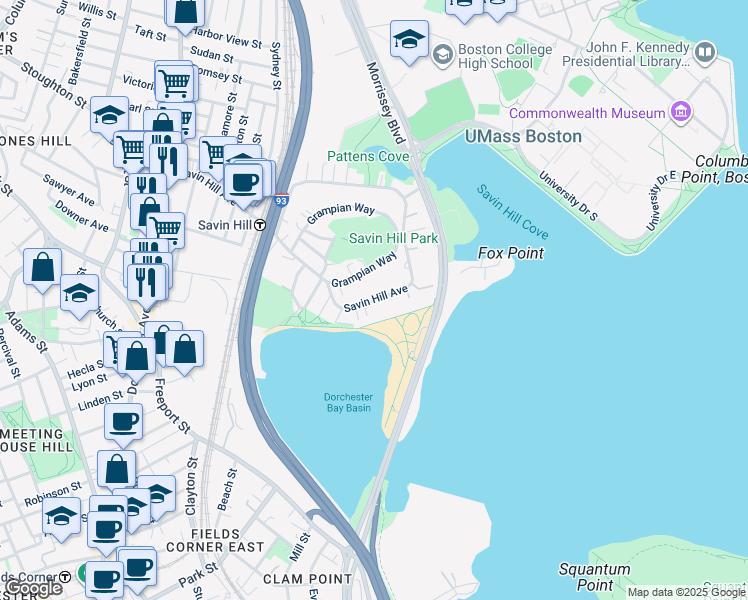 map of restaurants, bars, coffee shops, grocery stores, and more near 206 Savin Hill Avenue in Boston