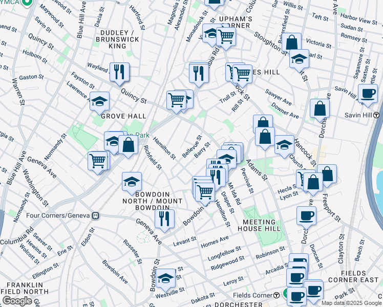 map of restaurants, bars, coffee shops, grocery stores, and more near 56 Bellevue Street in Boston