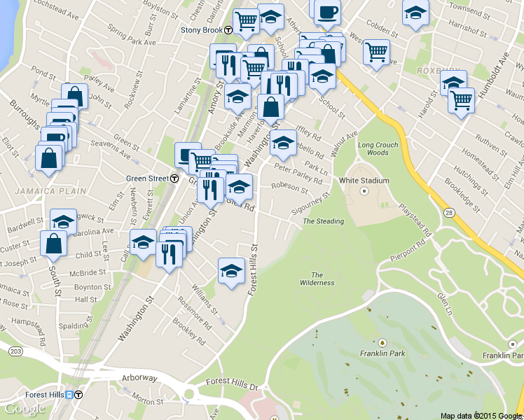 map of restaurants, bars, coffee shops, grocery stores, and more near 11 Rocky Nook Terrace in Boston