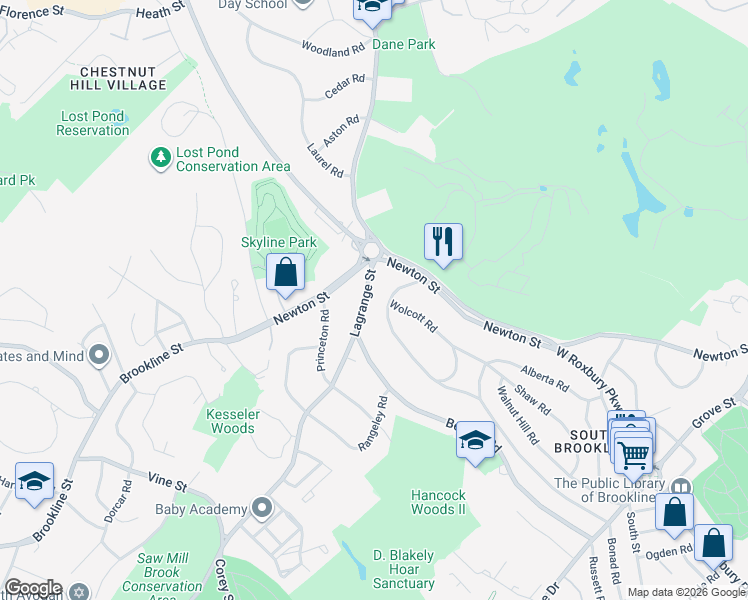 map of restaurants, bars, coffee shops, grocery stores, and more near 37 Wolcott Road in Brookline