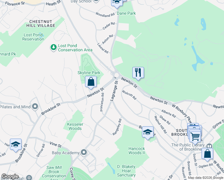 map of restaurants, bars, coffee shops, grocery stores, and more near 744 Newton Street in Brookline