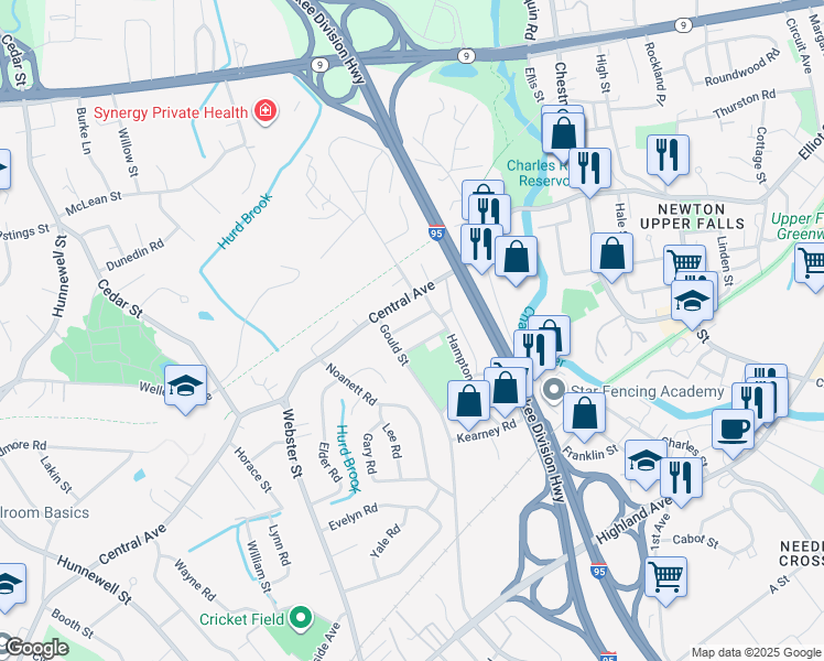 map of restaurants, bars, coffee shops, grocery stores, and more near 31 Arnold Street in Needham