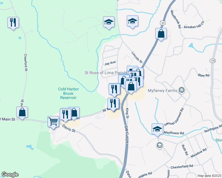 map of restaurants, bars, coffee shops, grocery stores, and more near 10 Cyrus Way in Northborough