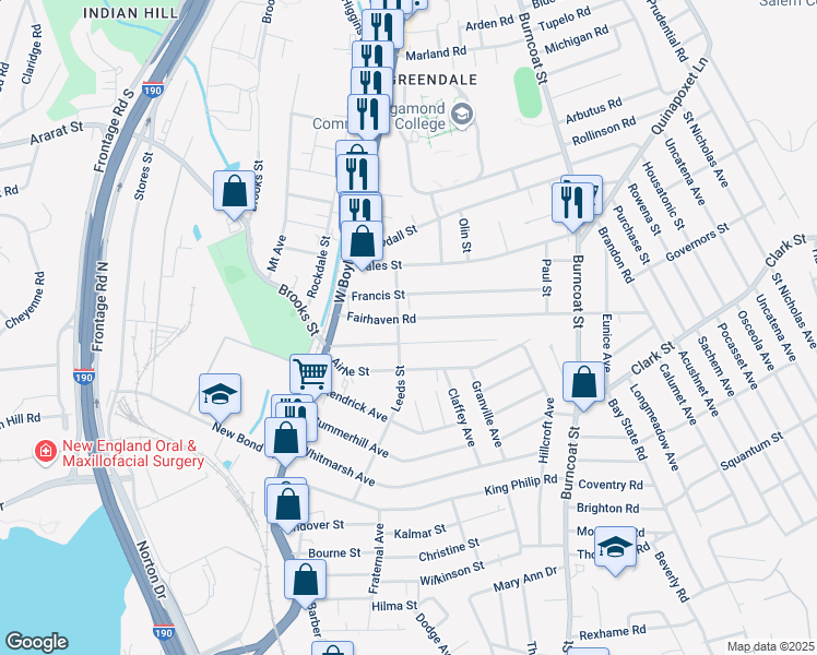 map of restaurants, bars, coffee shops, grocery stores, and more near 40 Fairhaven Road in Worcester