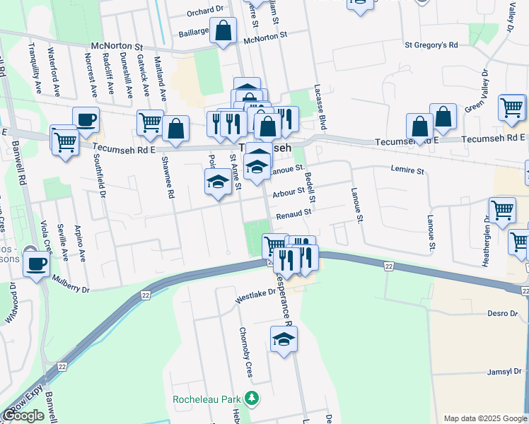 map of restaurants, bars, coffee shops, grocery stores, and more near 1422 Lesperance Road in Tecumseh