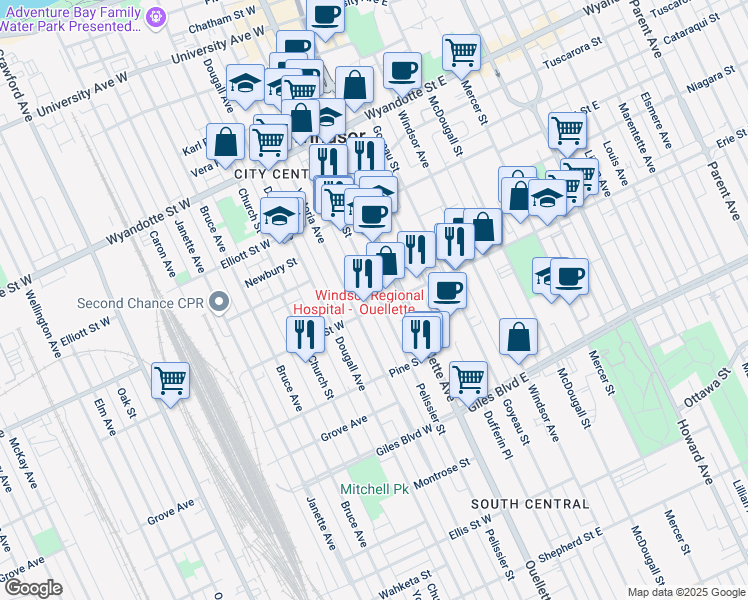 map of restaurants, bars, coffee shops, grocery stores, and more near 970 Victoria Avenue in Windsor