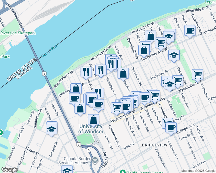 map of restaurants, bars, coffee shops, grocery stores, and more near 344 Askin Avenue in Windsor