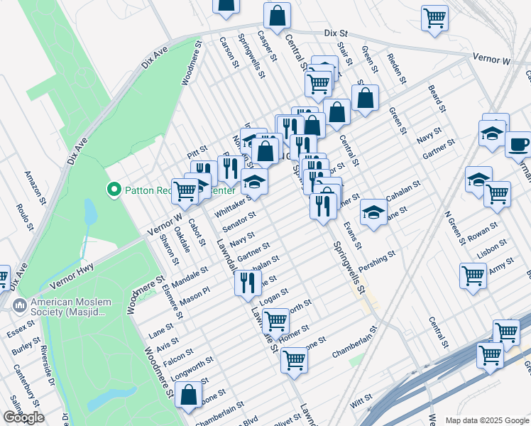 map of restaurants, bars, coffee shops, grocery stores, and more near 2036 Mullane Street in Detroit