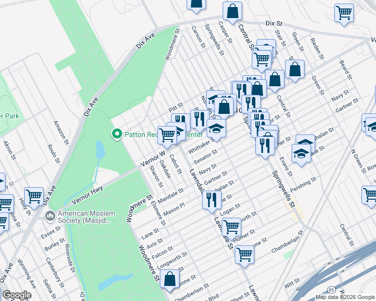 map of restaurants, bars, coffee shops, grocery stores, and more near 8426 Whittaker Street in Detroit