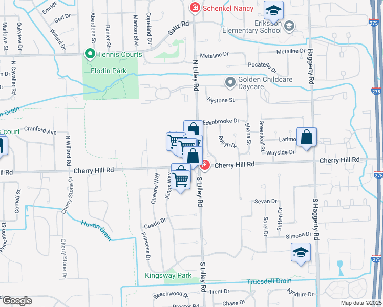 map of restaurants, bars, coffee shops, grocery stores, and more near 211 North Lilley Road in Canton