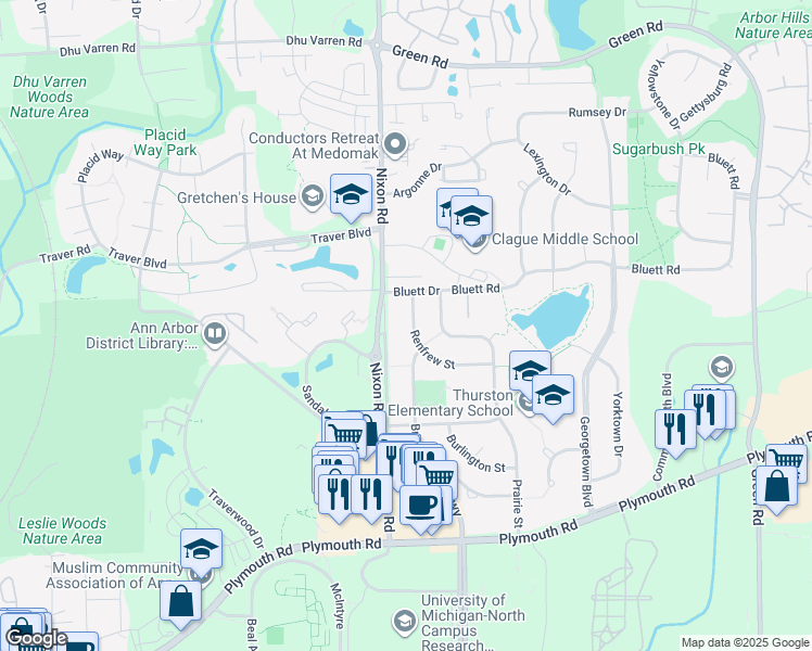 map of restaurants, bars, coffee shops, grocery stores, and more near 2837 Renfrew Street in Ann Arbor