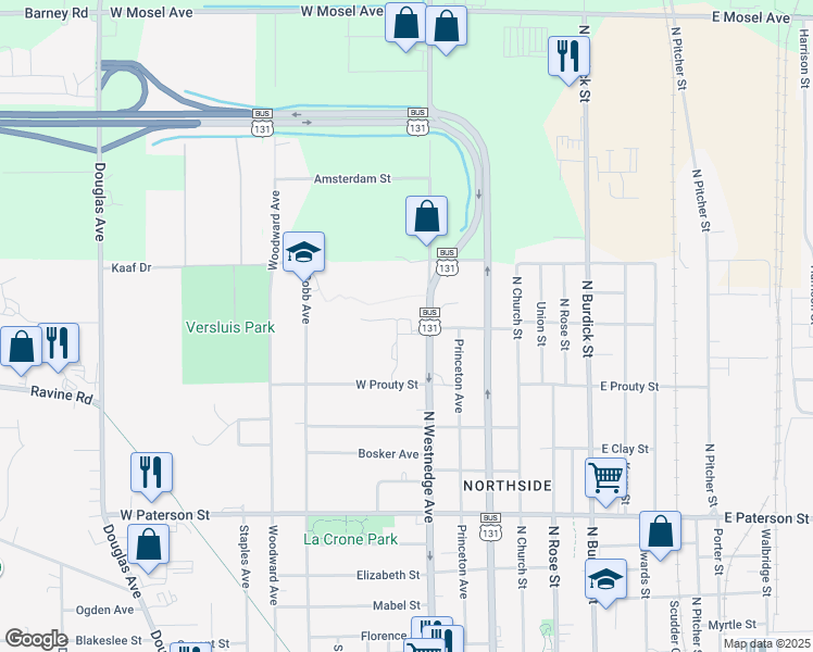 map of restaurants, bars, coffee shops, grocery stores, and more near 1801 Shire Lane in Kalamazoo