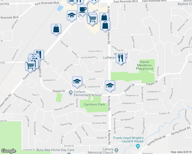 map of restaurants, bars, coffee shops, grocery stores, and more near 4420 Lori Drive in Rockford