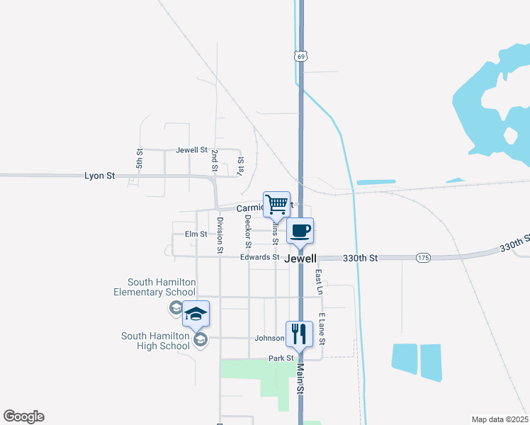 map of restaurants, bars, coffee shops, grocery stores, and more near 552-598 Carmichael Street in Jewell